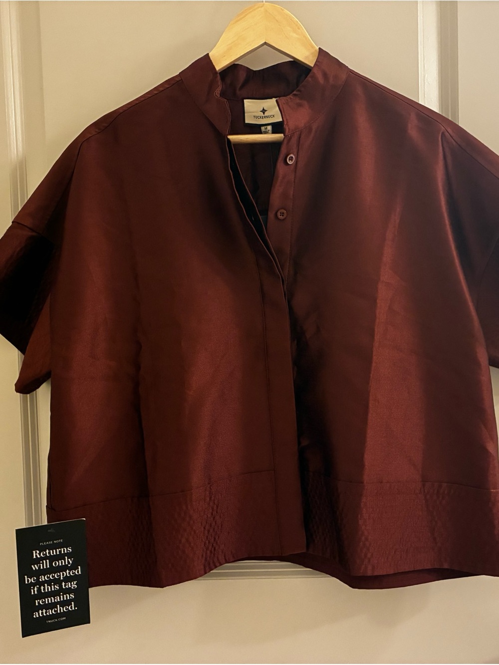 Tuckernuck Short-Sleeve Mandarin Collar Top in Burgundy